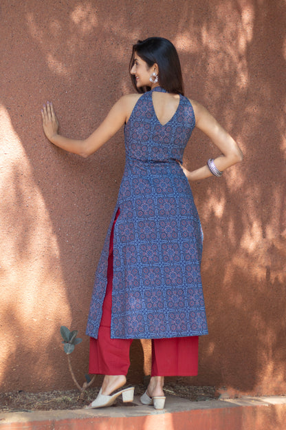 Cotton Kurti Blue halter Neck