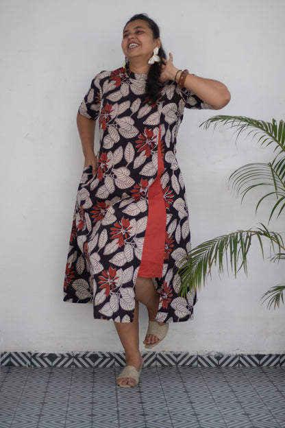Plus Size Block Printed High Neck Cotton Dress for Women | Handblock Printed | KMISTRY