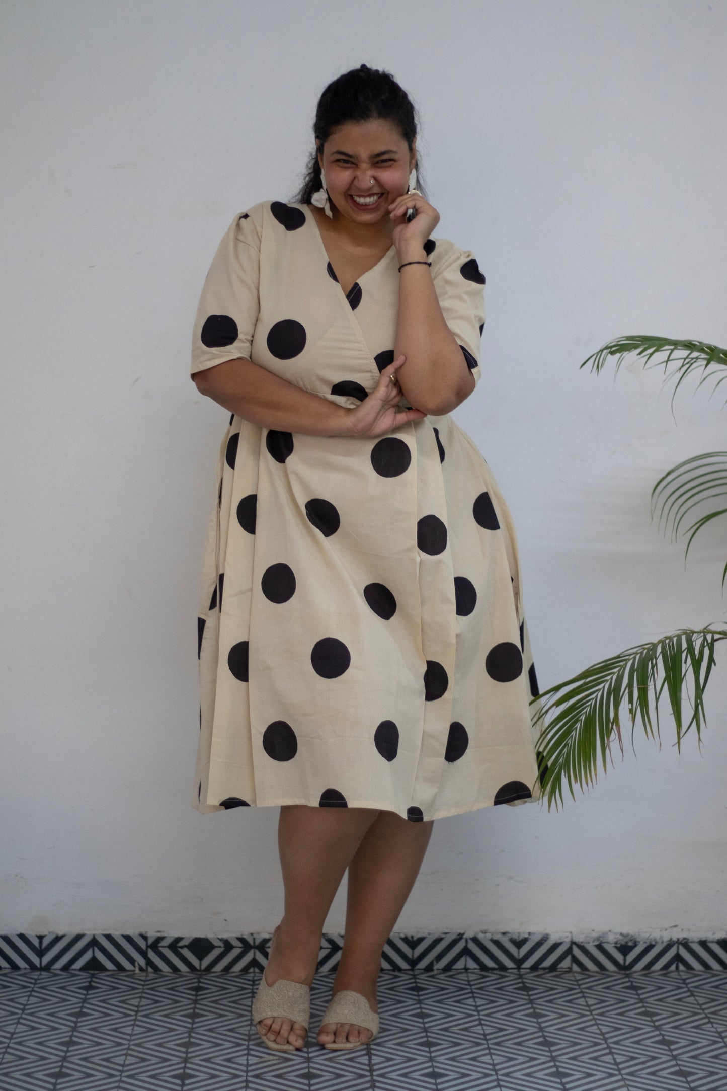 Plus Block Printed Polka Dot Cotton Dress