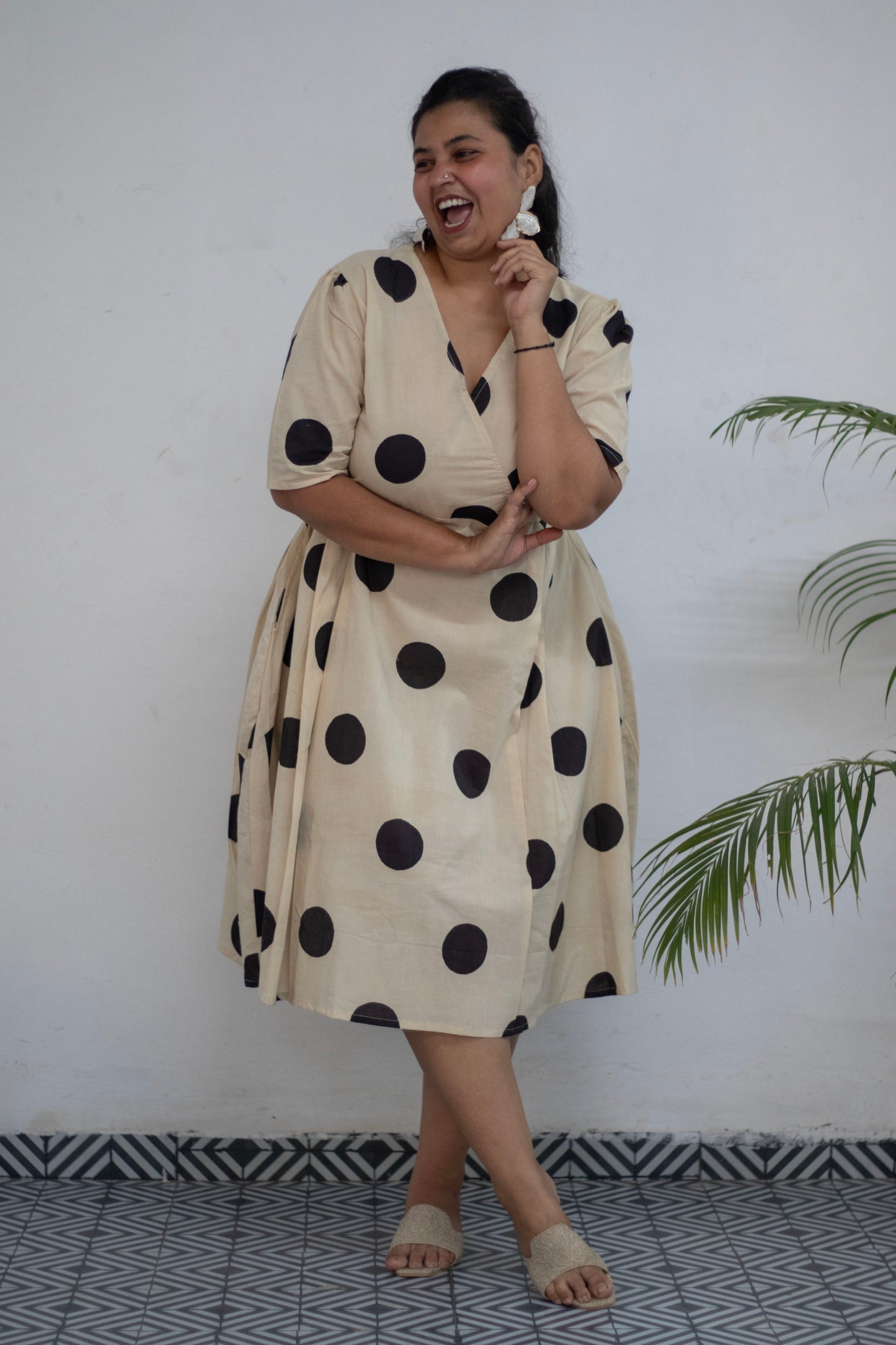Plus Block Printed Polka Dot Cotton Dress