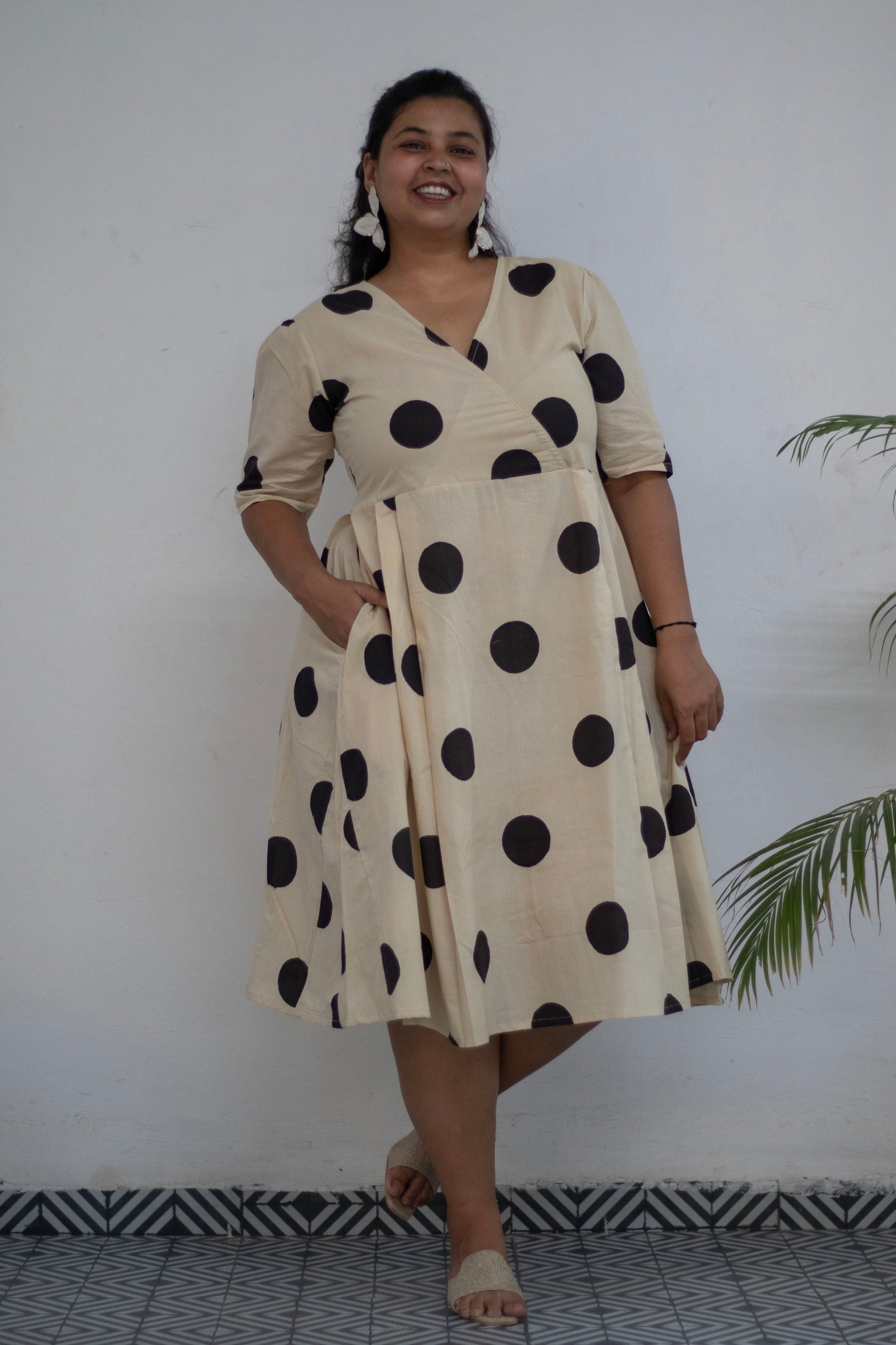 Plus Block Printed Polka Dot Cotton Dress