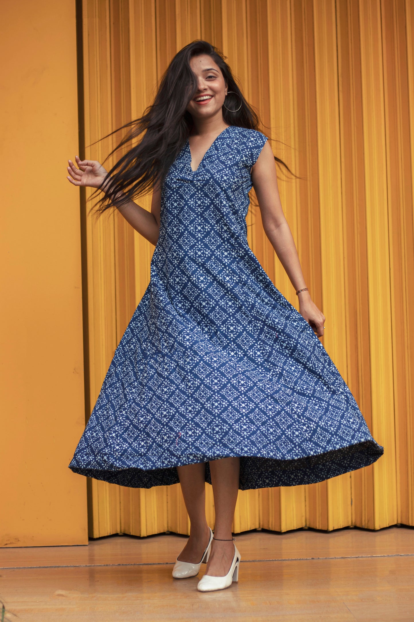 Indigo Floral V-Neck Cotton Dress