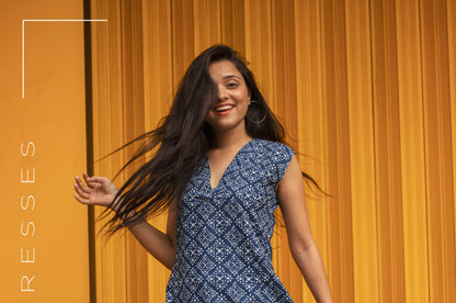 Indigo Floral V-Neck Cotton Dress