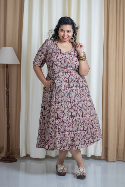 Plus Size Hand Block Printed Kalamkari Cotton Dress