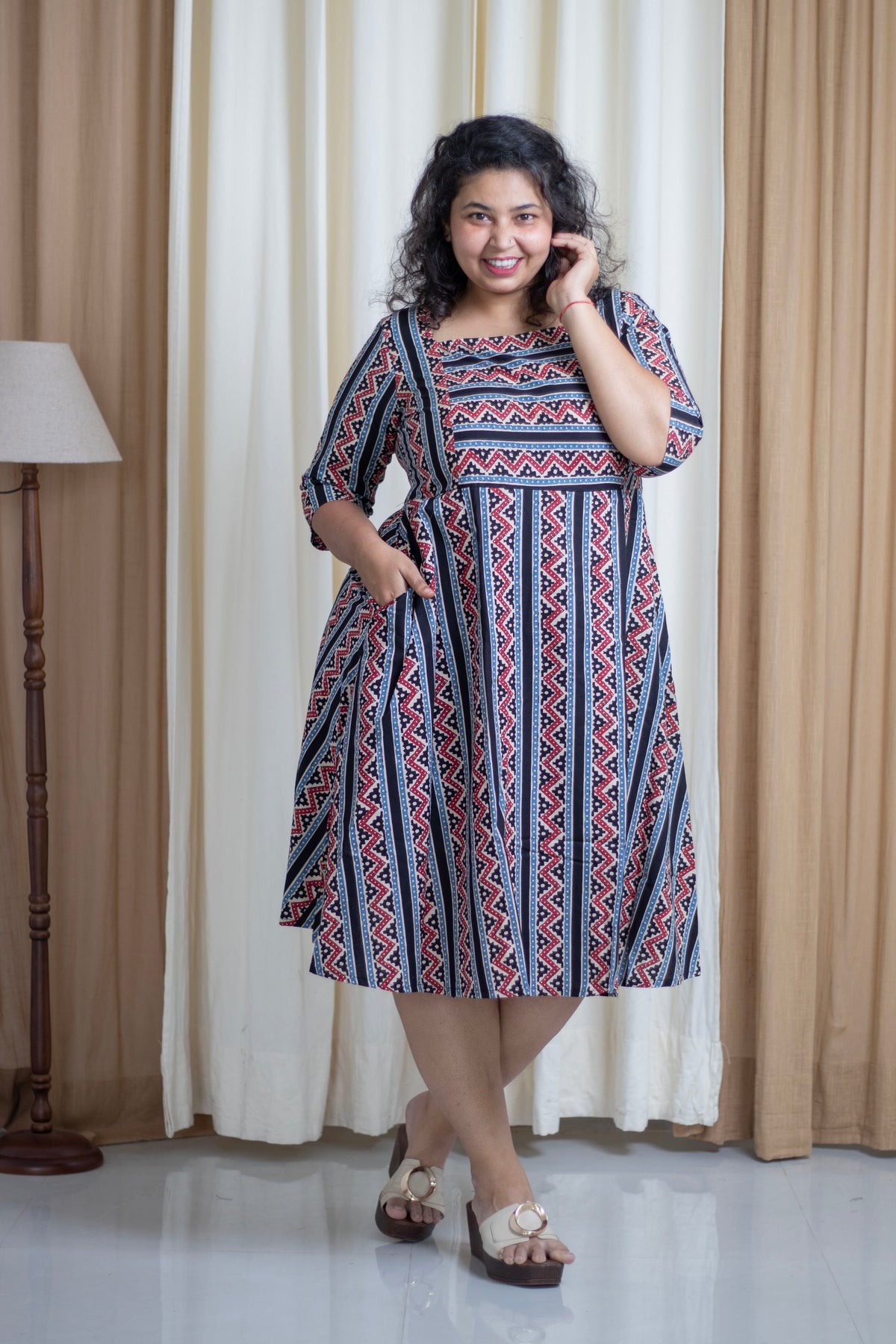Plus Size Ajrak Print Cotton Dress