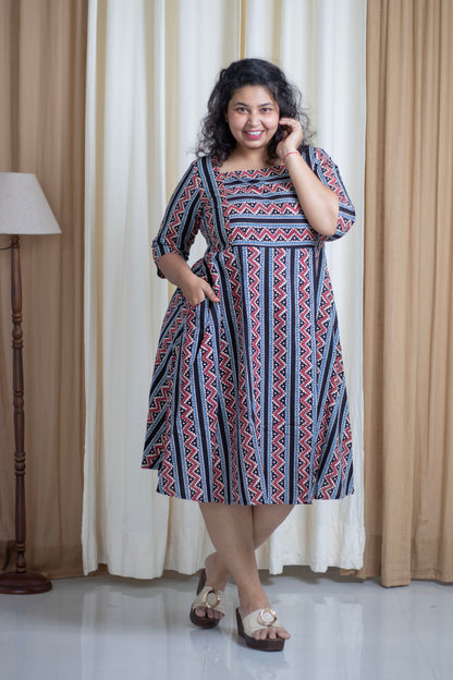 Plus Size Ajrak Print Cotton Dress