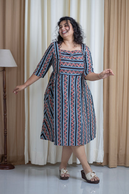 Plus Size Ajrak Print Cotton Dress