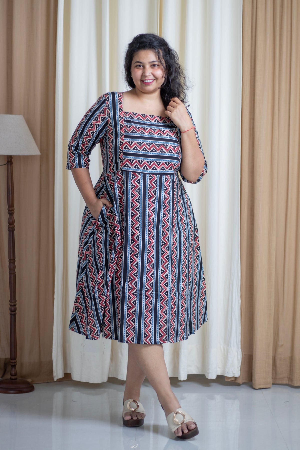 Plus Size Ajrak Print Cotton Dress