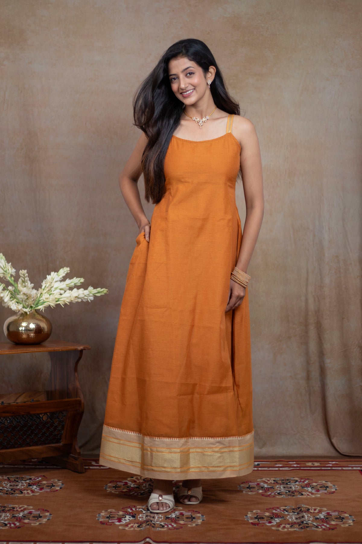 Irkal Cotton Orange Spagetti Dress Festive Collection