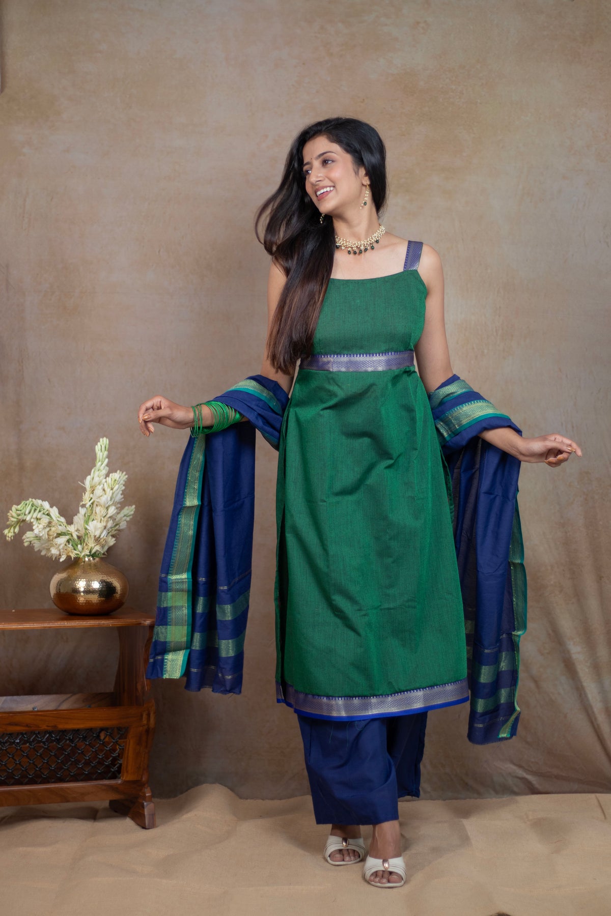 Green Back Lacy tie handloom Cotton festive Pant Kurta Set