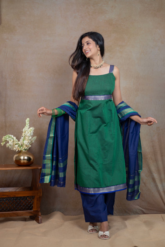 Green Back Lacy tie handloom Cotton festive Pant Kurta Set