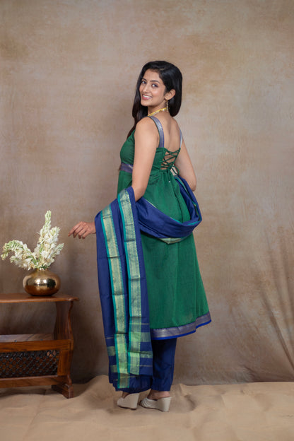 Green Back Lacy tie handloom Cotton festive Pant Kurta Set