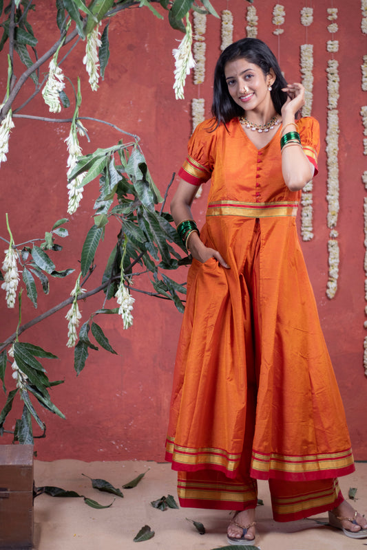 Irkal Cotton Orange Cape Style Dress with Pocket