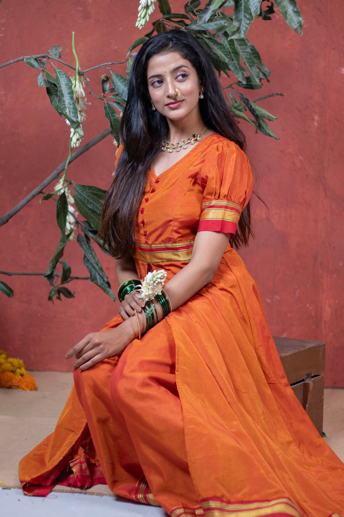 Irkal Cotton Orange Cape Style Dress with Pocket