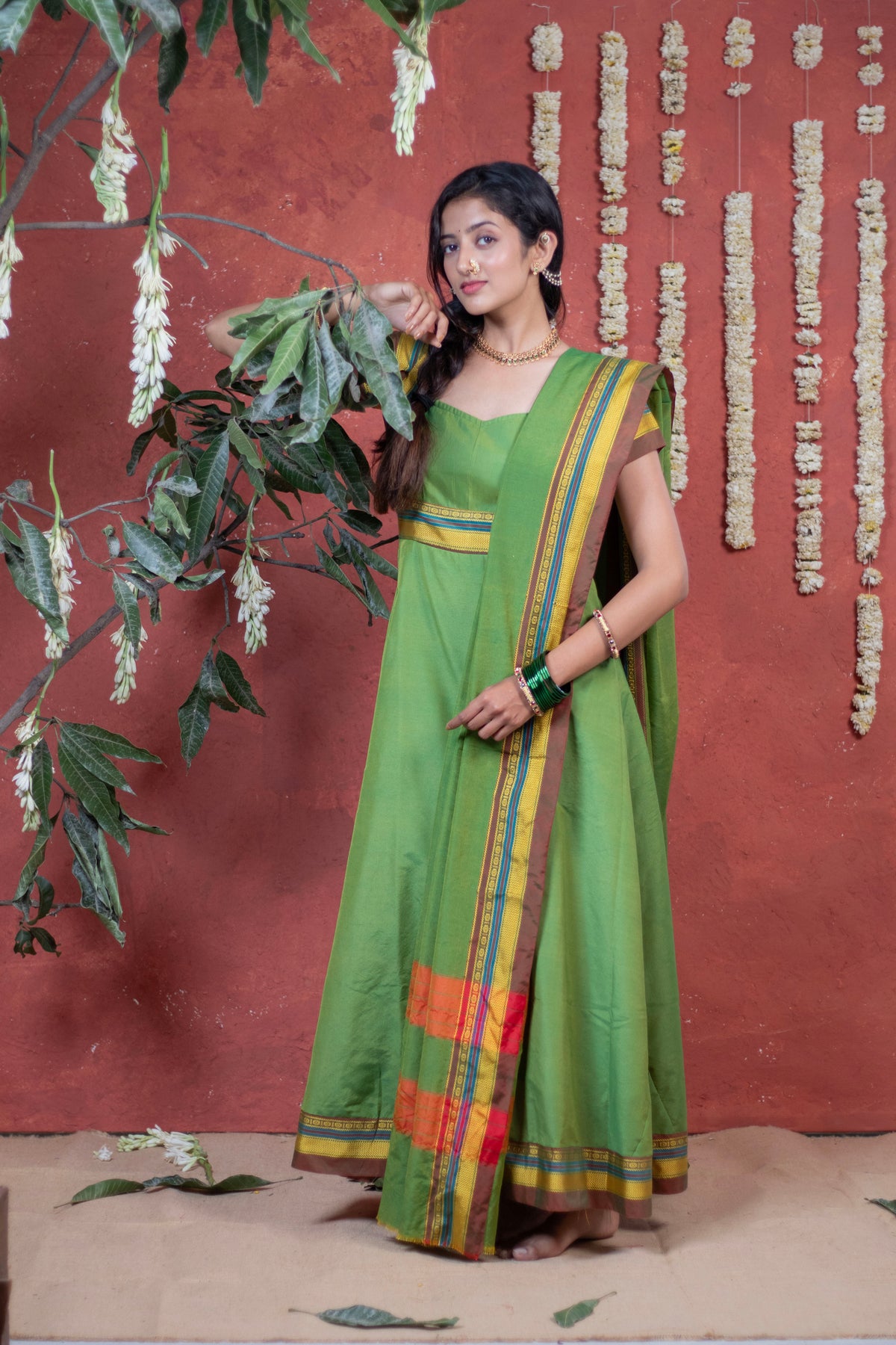Green Flare Irkal Cotton Dupatta Dress