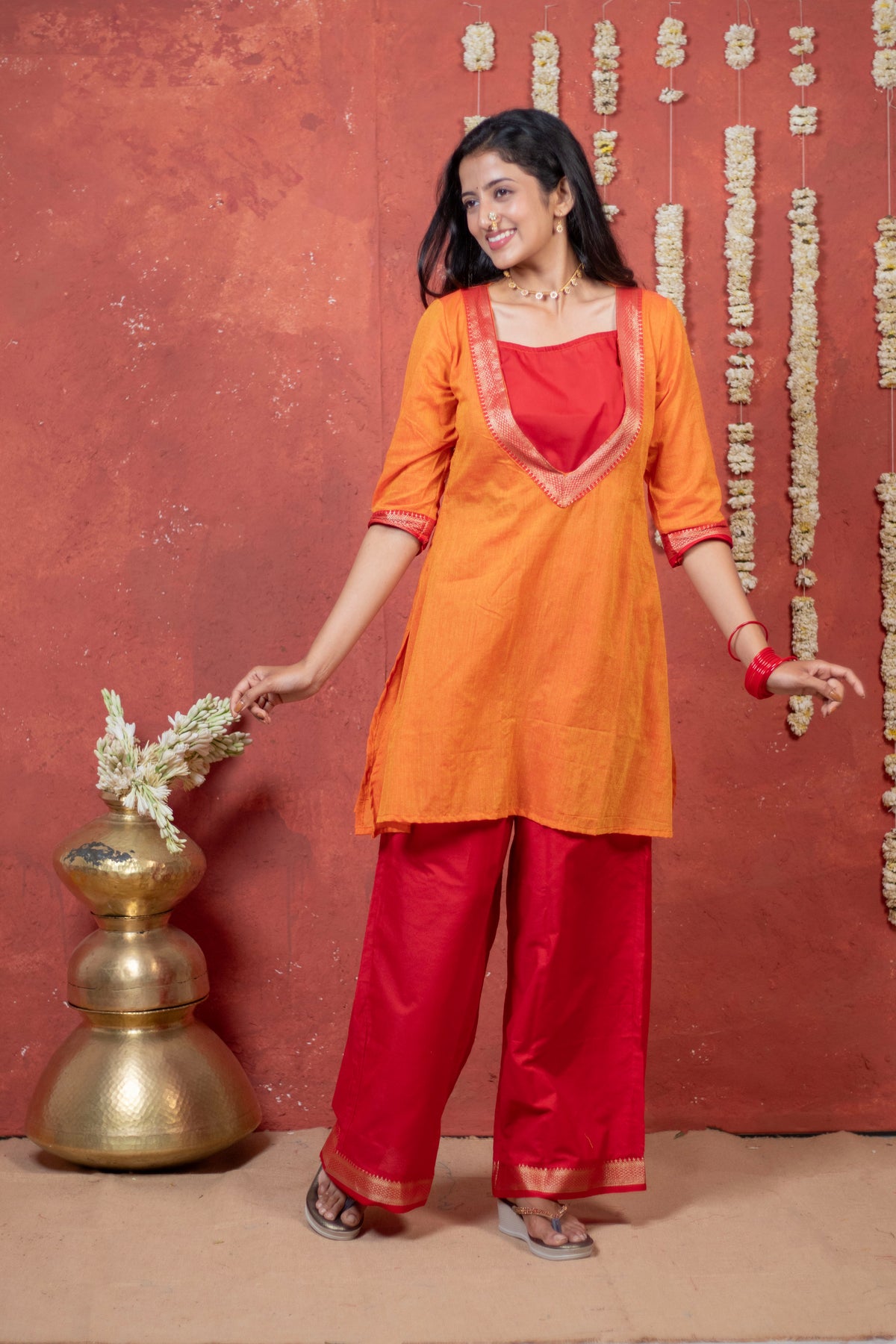 Irkal Red Orange Festive Cotton Dress