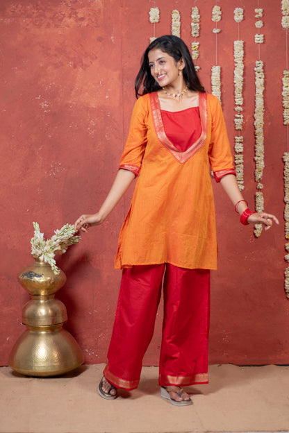 Irkal Red Orange Festive Cotton Dress