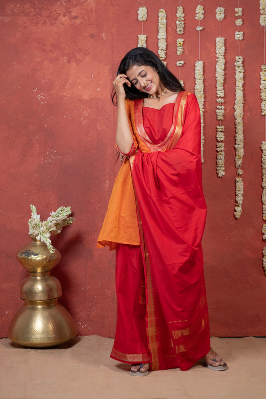 Irkal Red Orange Festive Cotton Dress