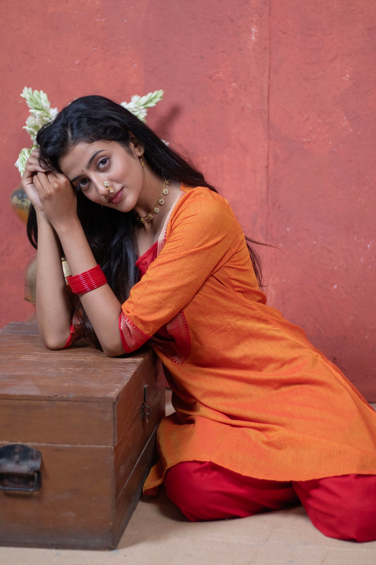 Irkal Red Orange Festive Cotton Dress