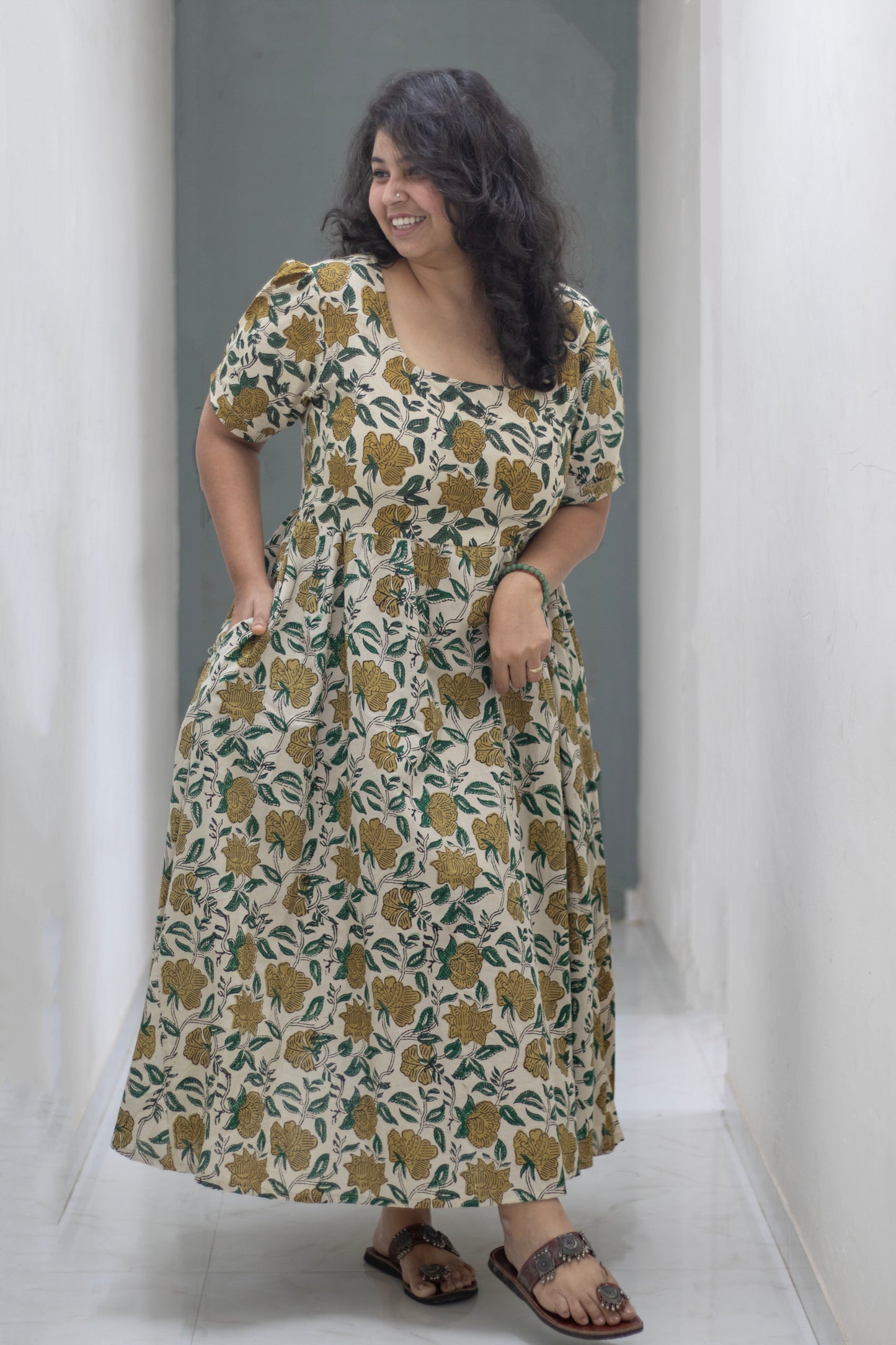 Plus Cotton Green Floral Dress