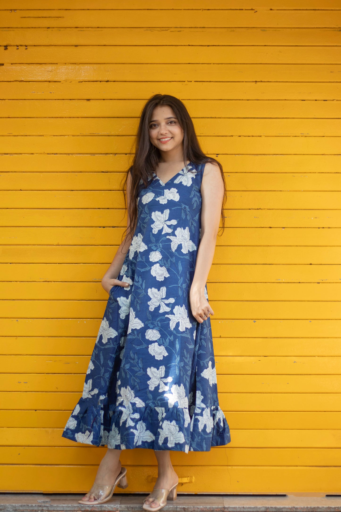 Indigo Floral Tier Cotton Dress