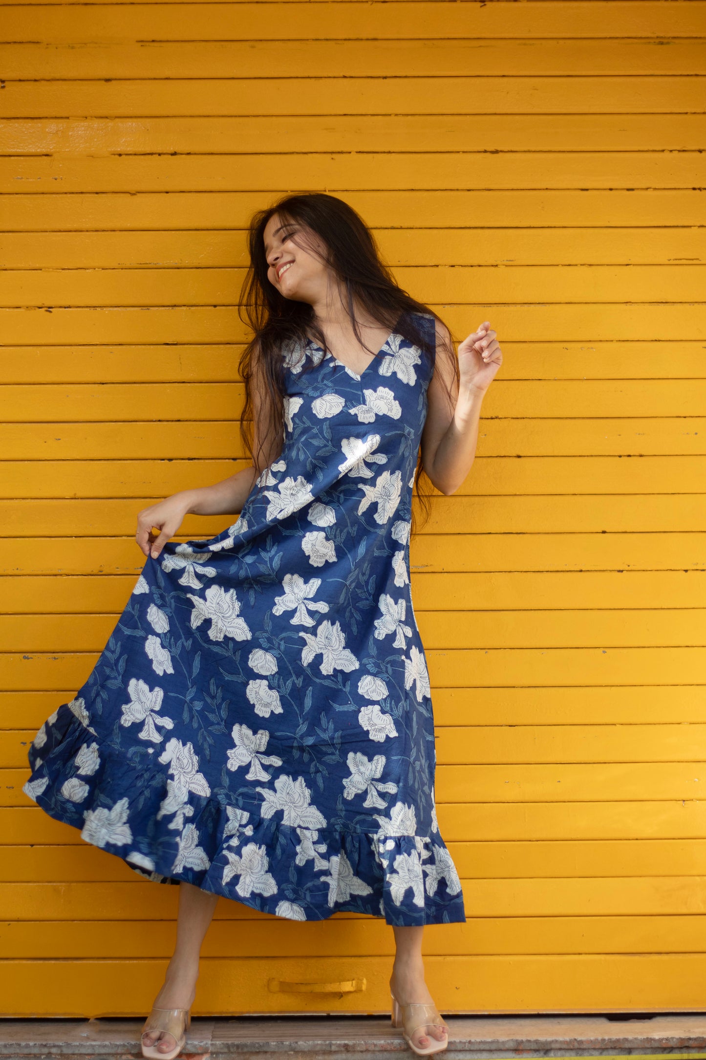 Indigo Floral Tier Cotton Dress