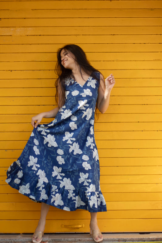 Indigo Floral Tier Cotton Dress