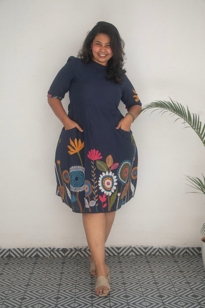 Cotton Blue Printed high Neck Dress