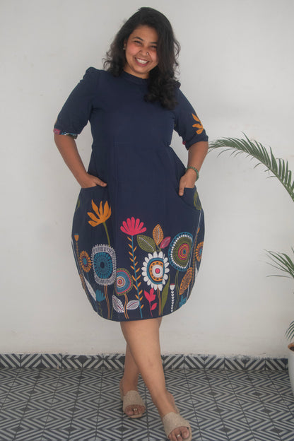 Cotton Blue Printed high Neck Dress