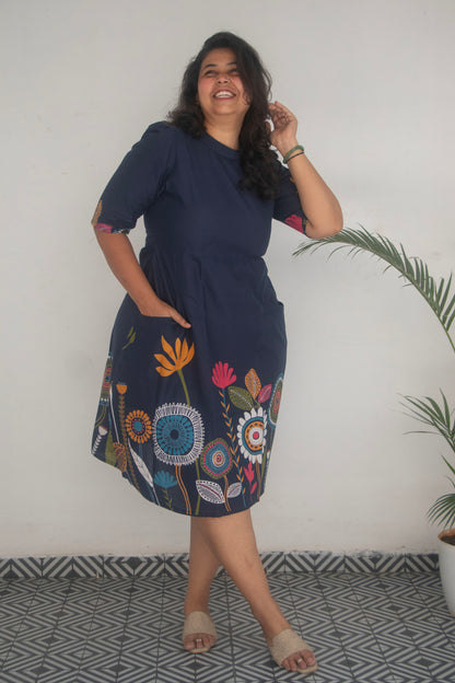 Cotton Blue Printed high Neck Dress