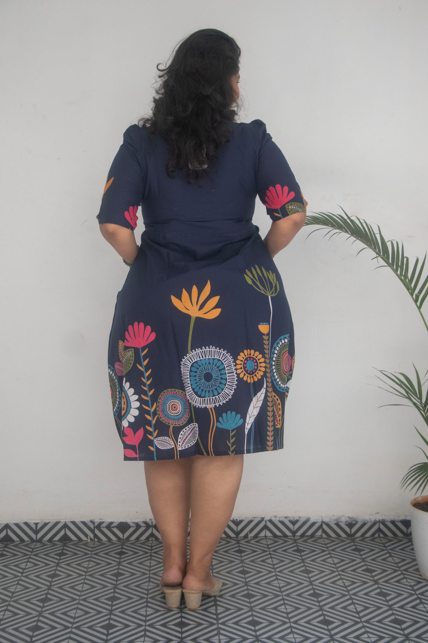 Cotton Blue Printed high Neck Dress