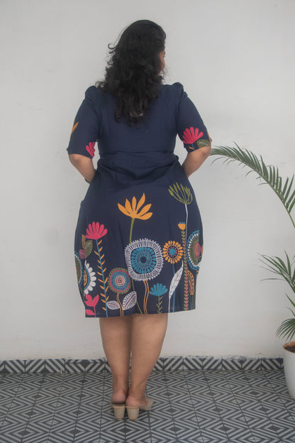 Cotton Blue Printed high Neck Dress