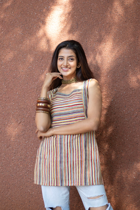Cotton Top square neck with multi colour lines print