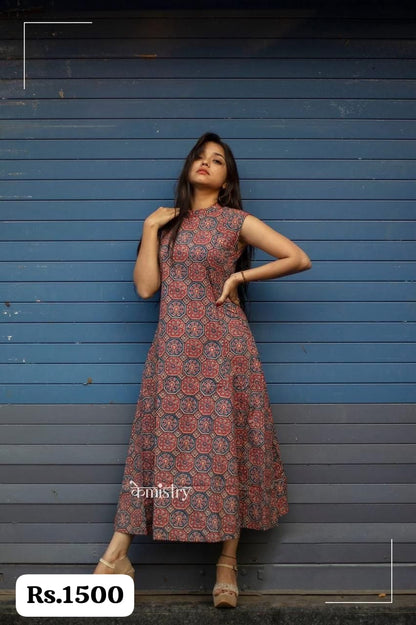 Kmistry Ajrak Print High Neck cotton Dress