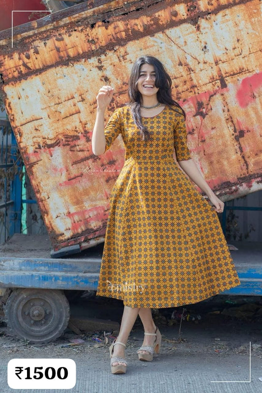 Kmistry Ajrak Print Mustered Cotton Dress