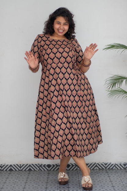 Kmistry Ajrak Print side pom pom cotton Dress
