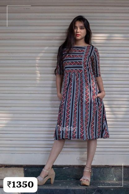 Kmistry Ajrak Print Zig zag Cotton Dress