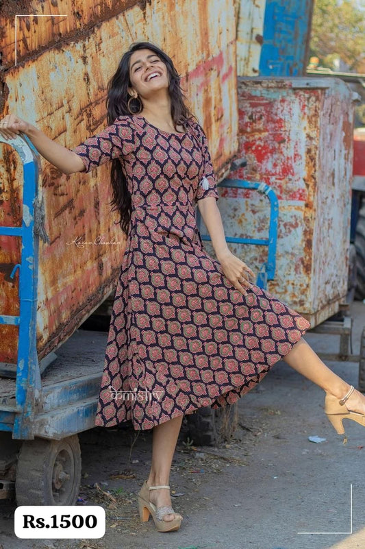 Kmistry Ajrak Print side pom pom cotton Dress