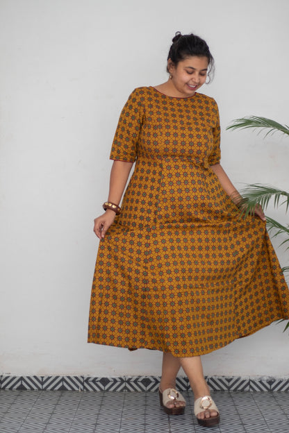 Kmistry Ajrak Print Mustered Cotton Dress